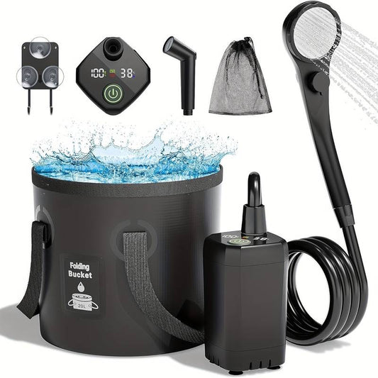 Portable rechargeable camping shower with foldable bucket.