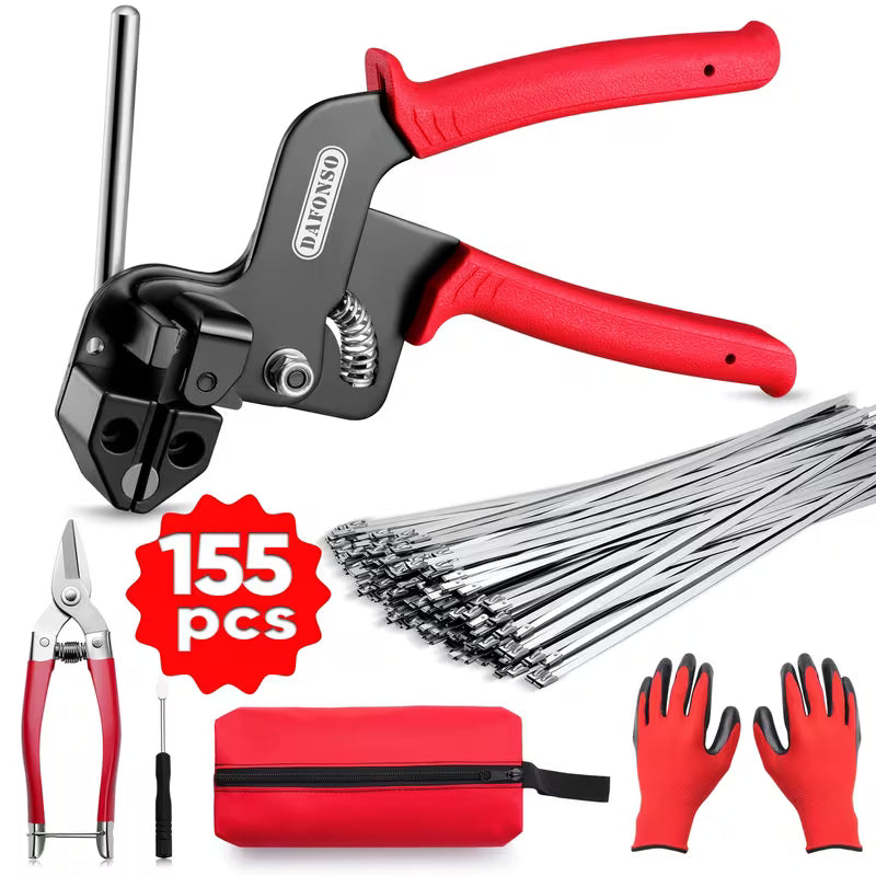 Heavy Duty 304 Stainless Steel Cable Tie Gun Kit, 155pcs Metal Zip Ties In 3 Sizes With Tensioning/Cutting Tool, Self-Locking Tie Set For Fence, Exhaust Pipe, Cable Bundling, Chicken Coop & Outdoor Repair