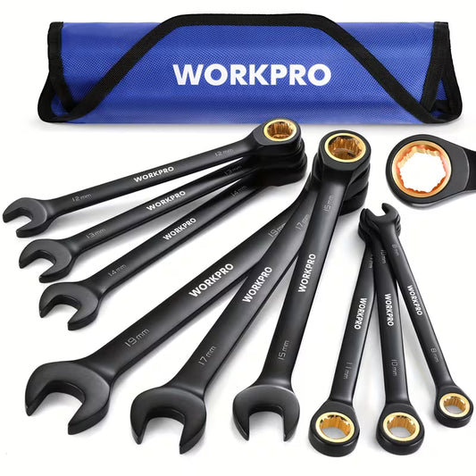 WORKPRO 9pcs Anti-Slip Ratcheting Wrench Set, Metric 8-19mm, 72-Tooth, Cr-V, Black Ratchet Combination Wrenches with Roll Up Pouch, Fathers Day Gifts
