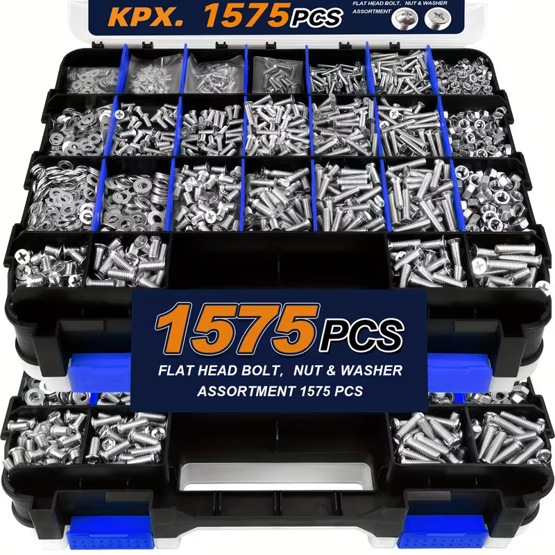 1575pcs Nut And Bolt Assortment Set Phillips Head And Flat Head Screws Multiple Common Nuts, Bolts, And Washers Includes Double-Sided Sturdy Storage Case Durable And Long-Lasting