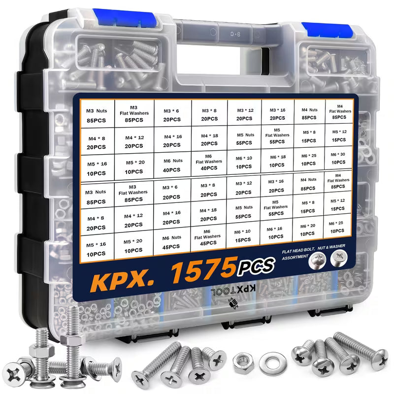 1575pcs Nut And Bolt Assortment Set Phillips Head And Flat Head Screws Multiple Common Nuts, Bolts, And Washers Includes Double-Sided Sturdy Storage Case Durable And Long-Lasting