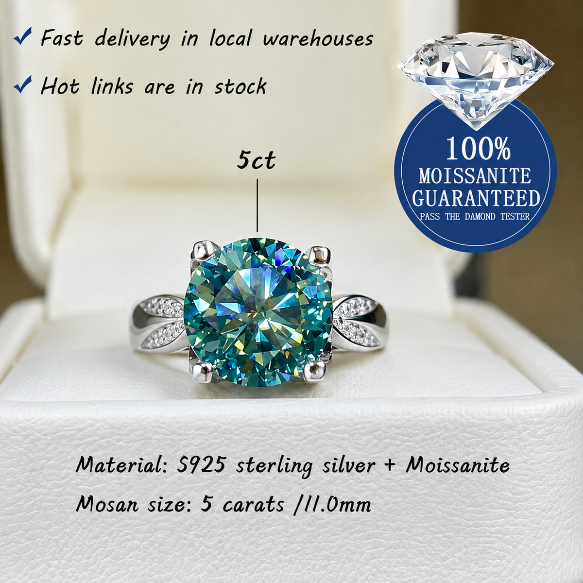 S925 silver 5ct green moissanite ox head ring.