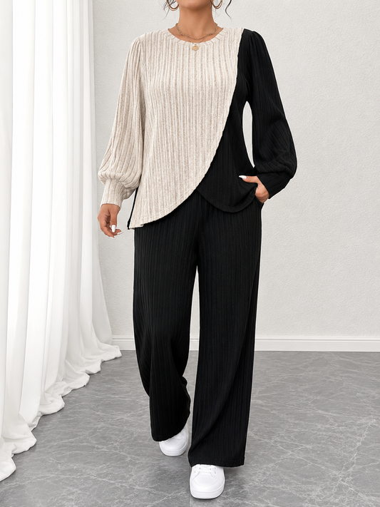 Women’s 2-piece color-block top and trousers set.