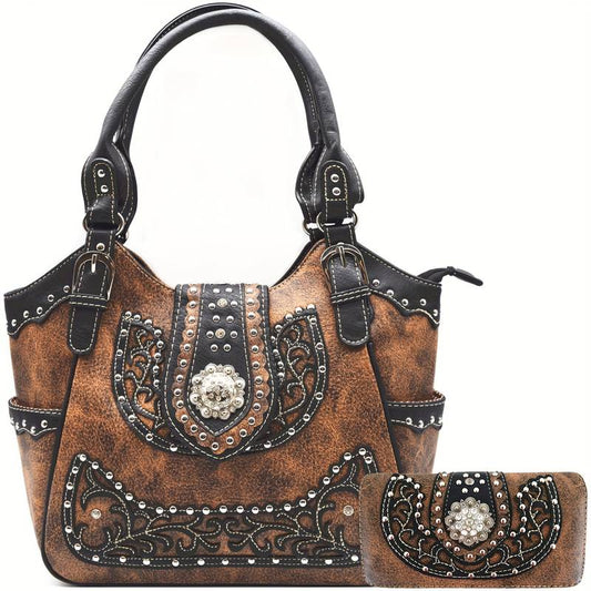 Cowgirl rhinestone studded handbag and wallet set.