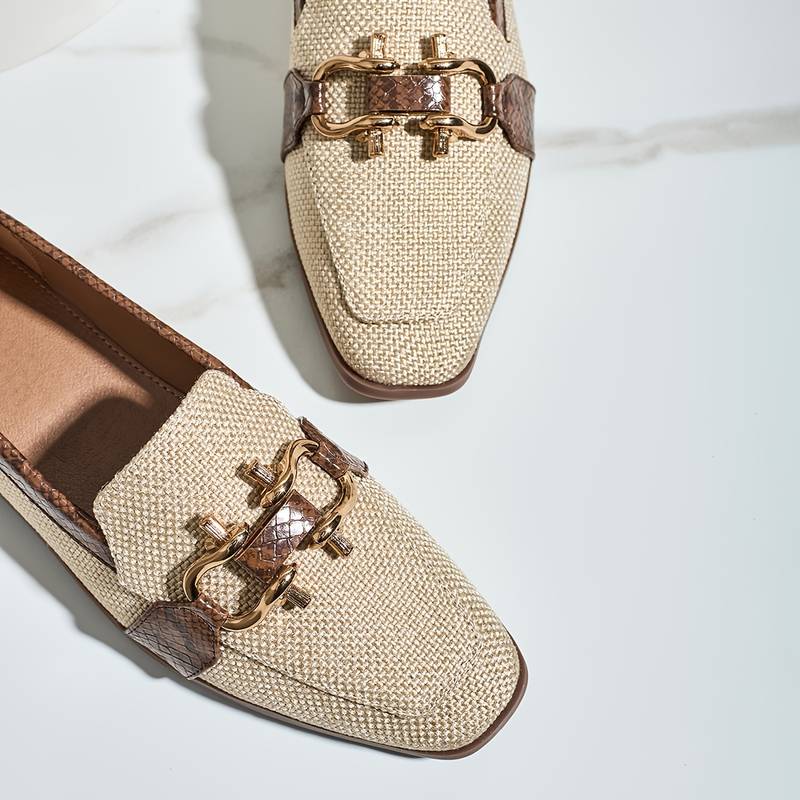Brown Buckle Square-Toe Retro Flat Shoes