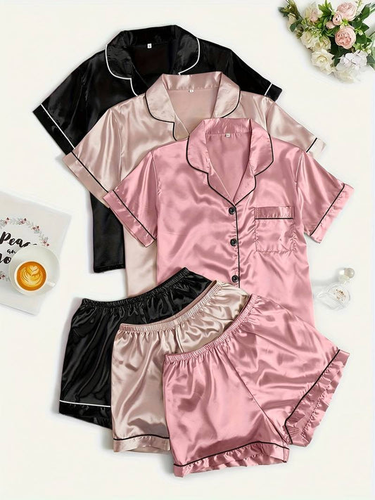 6-piece satin short-sleeve shirt and shorts pajama set.
