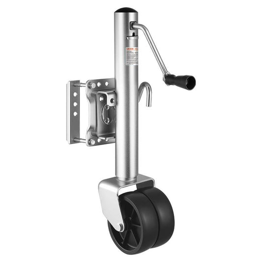 Heavy-duty swivel boat trailer jack with wheel.