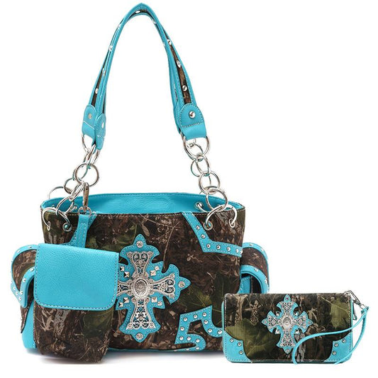Western camouflage studded handbag and wallet set.