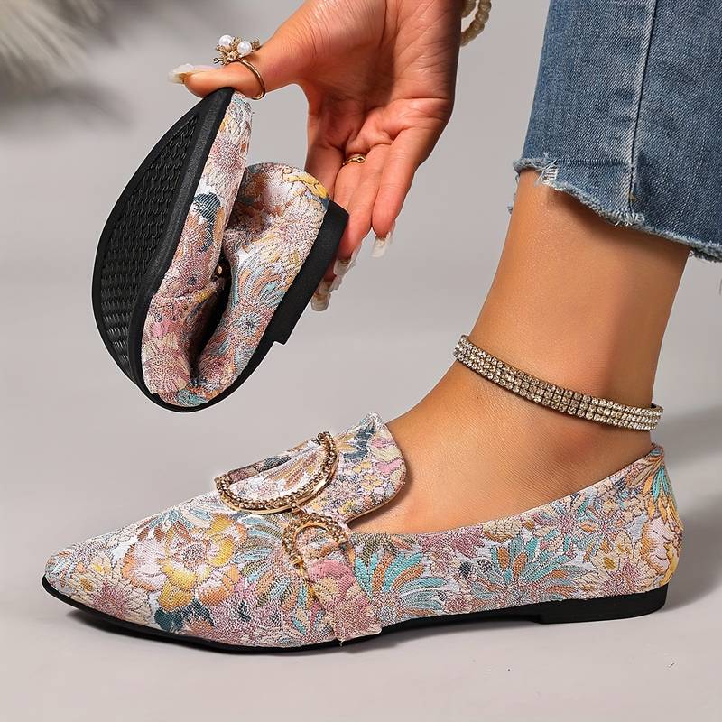 Women's Floral Rhinestone Buckle Flat Shoes