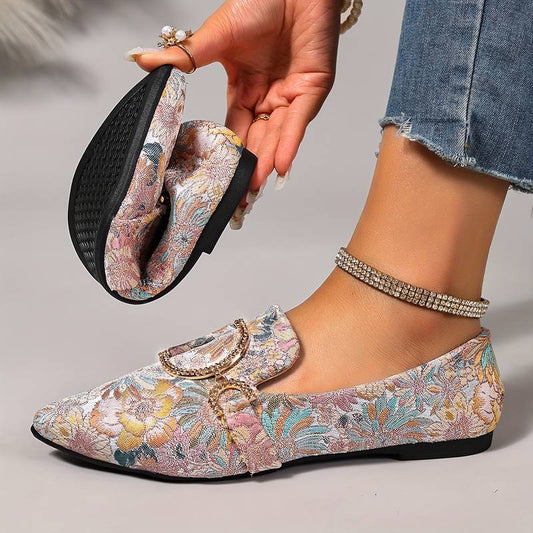 Women's Floral Rhinestone Buckle Flat Shoes