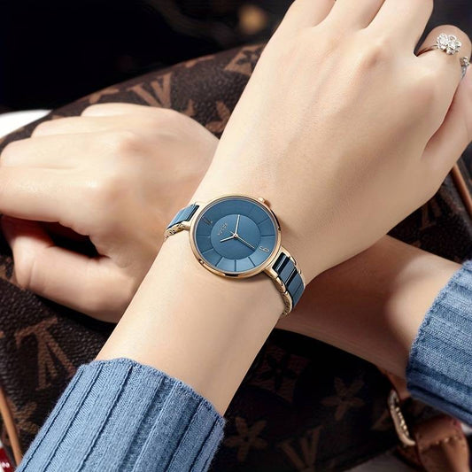 ROCOS women’s blue ceramic luxury quartz watch.