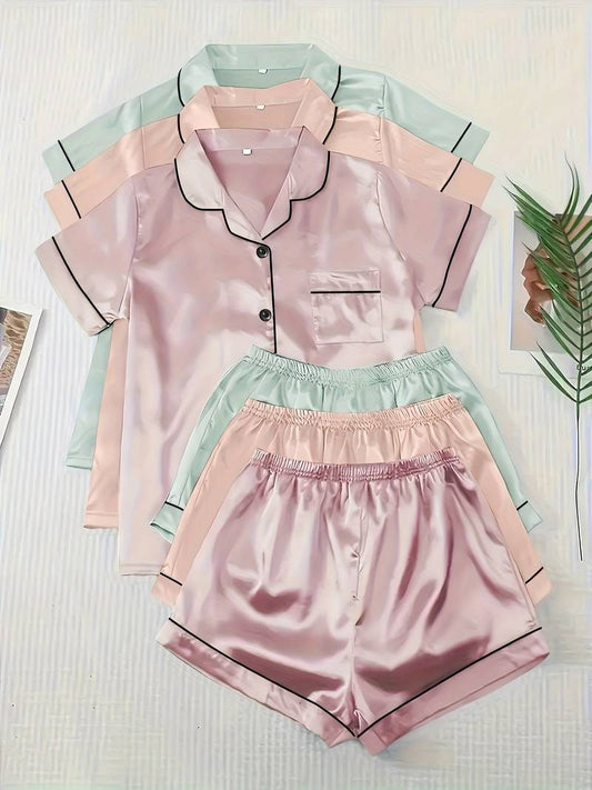 6-piece satin short-sleeve pajama set.