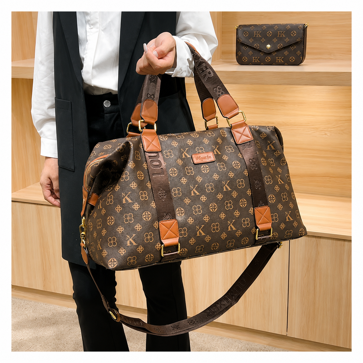 Retro - Style Cylindrical Hand - Held and Cross - Body Style, Personality Shoulder - Strap Printed Travel Bag