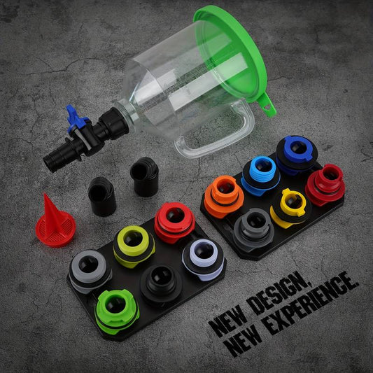 17-piece engine oil funnel kit with 12 adapters.