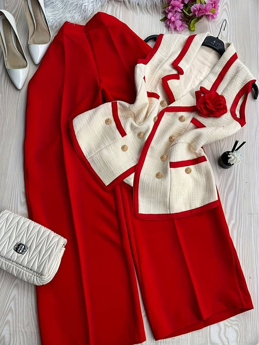 Women’s 2-piece contrast collar suit with pencil skirt.